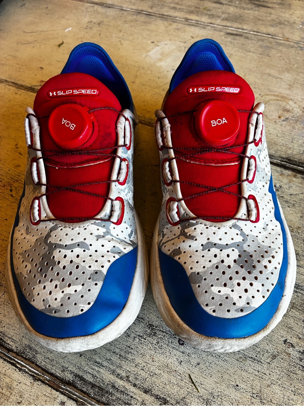 Under Armour Kids Slip-Speed Sneakers in Red, Blue and White